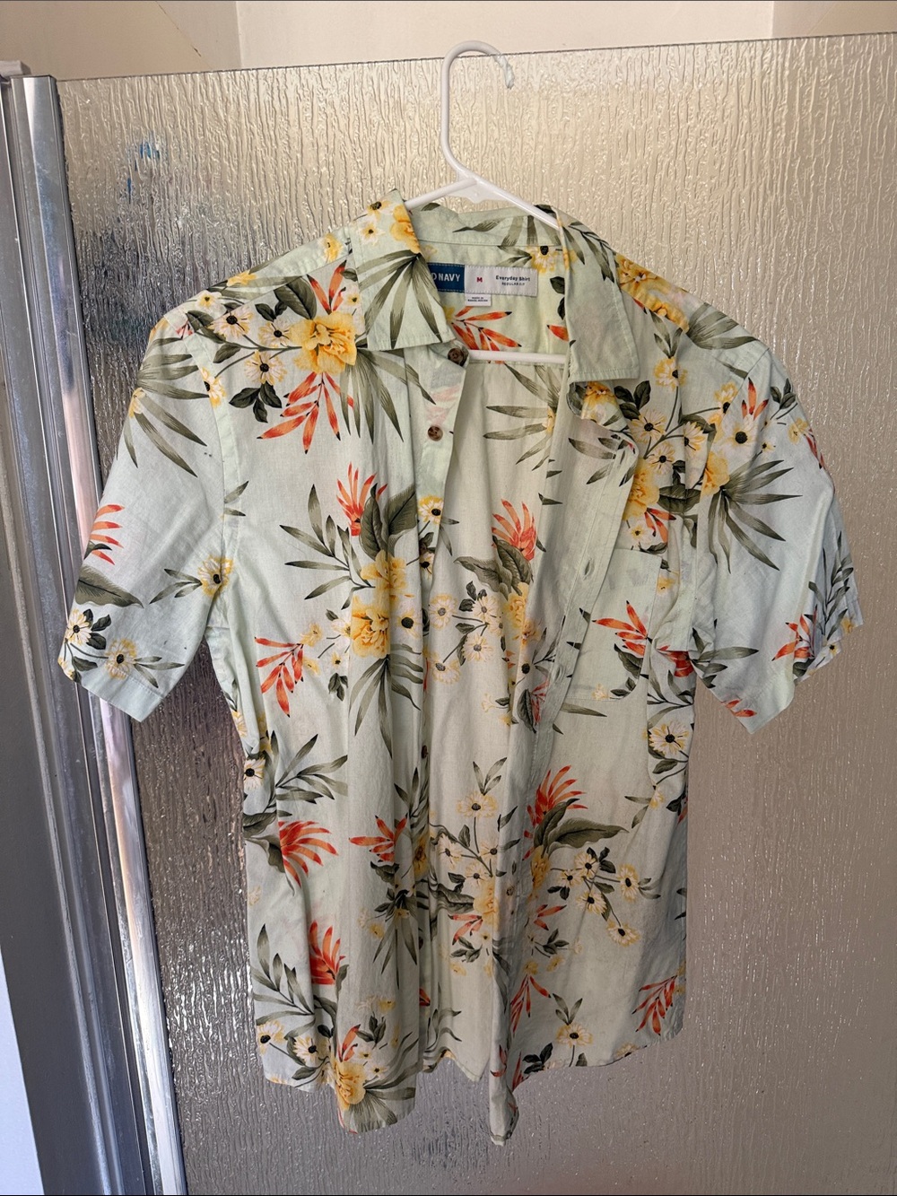 Old Navy Men's Light Green Floral Button-Up Shirt with Yellow & Orange Accents